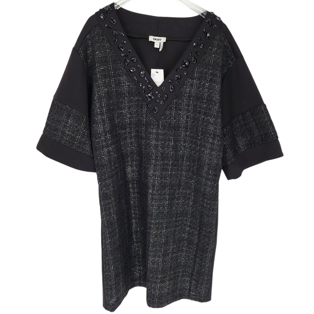 DKNY NWT DKNY Size M Black Mixed Media Jewel Neck Tweed Shift Dress